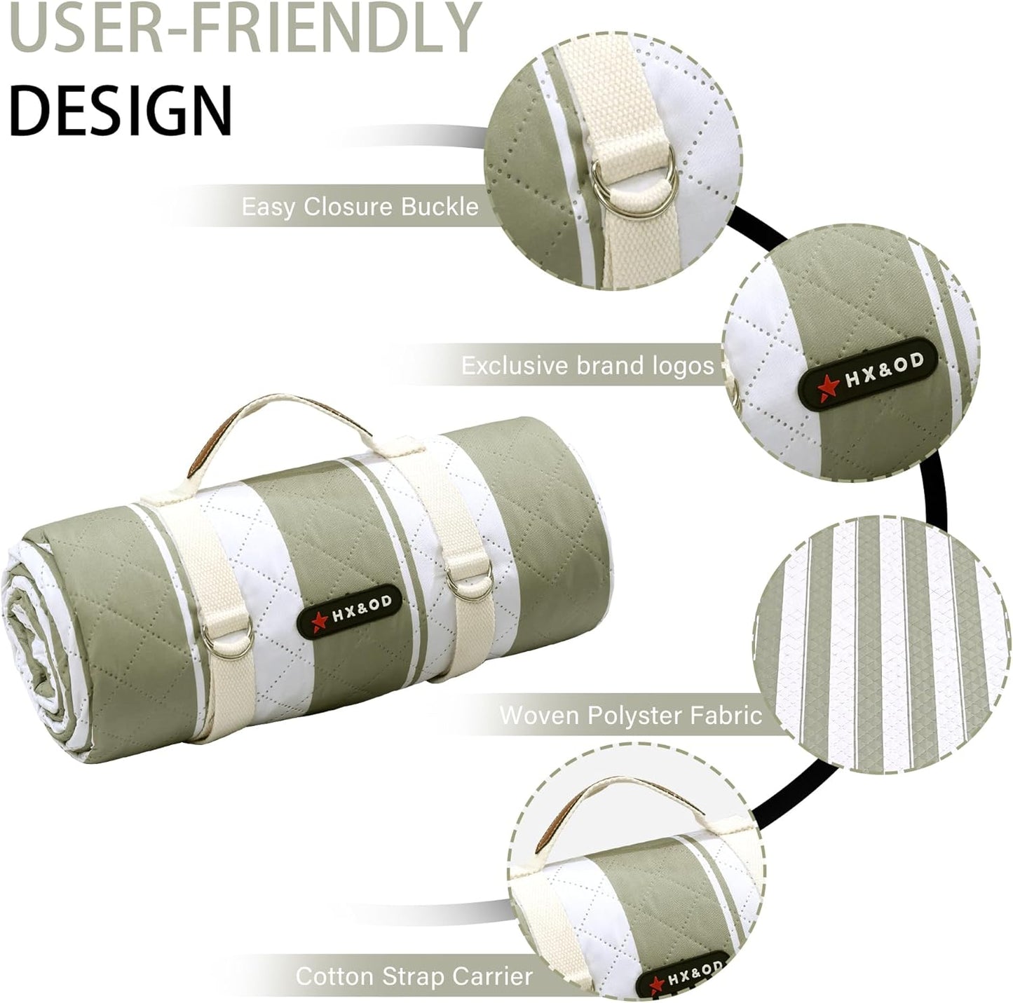 HX&OD Outdoor Picnic Blanket Extra Large, 80''*80' Waterproof Picnic Mat with Stakes Foldable Camping Blanket Portable with Carry Strap for Beach Mat (Green, 80''*80'')