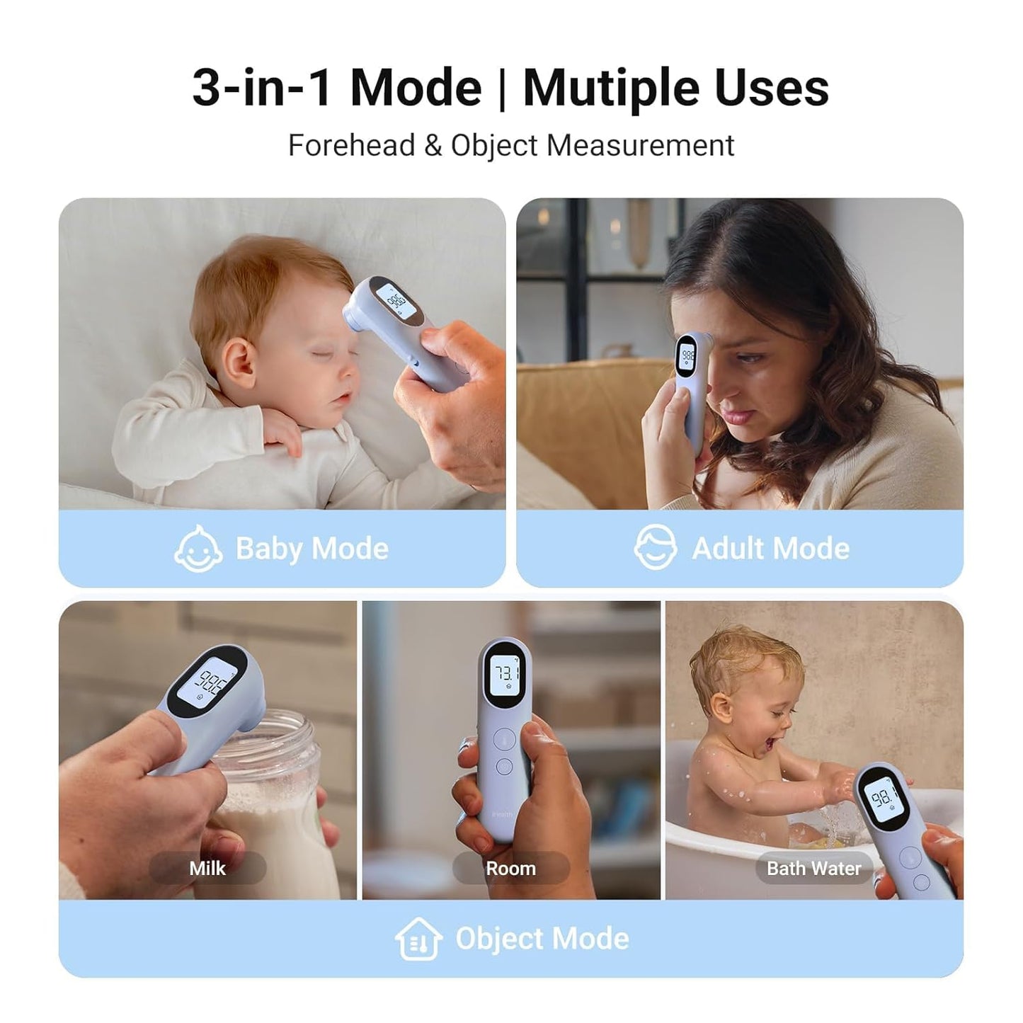 iHealth Infrared Digital Thermometer for Adults and Kids, Baby Thermometer with 3-in-1 Mode & 3-Color Prompt, Fever Alarm & Silent Mode, Forehead & Object Detection, 40 Memory Storages, PT9L, Blue