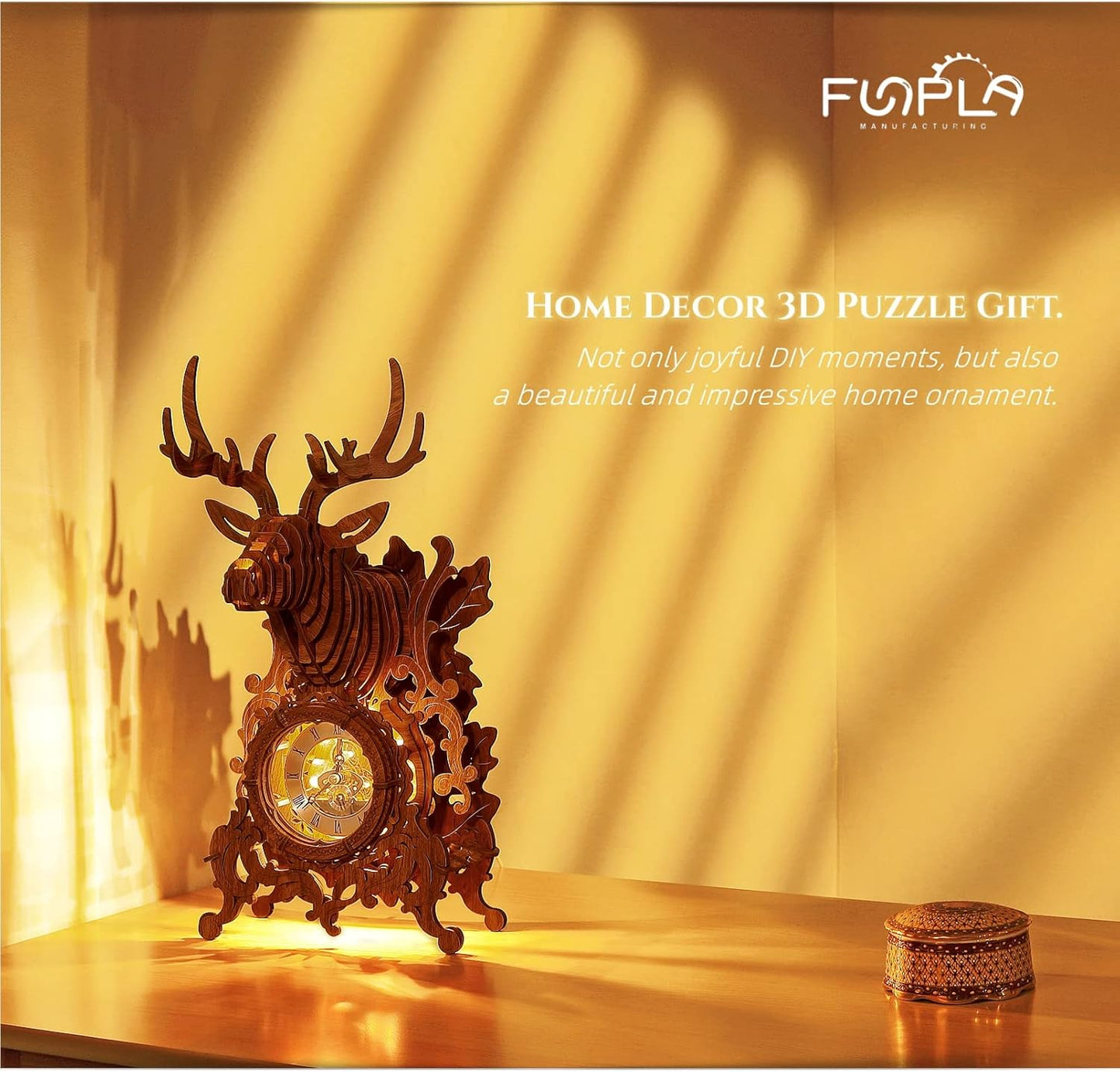 LED 3D Wood Puzzle Deer Clock, 3D Wooden Puzzle Elk Clock Building Model, Home Décor 3D Wooden Puzzle for Adults/Teens Christmas Gift(Wood, Yellow Light)