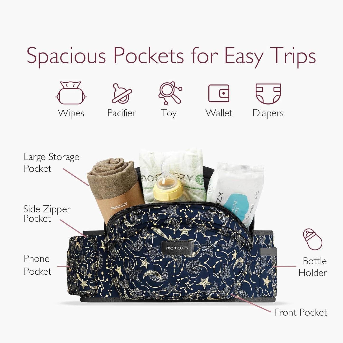 Momcozy Hip Seat Baby Carrier - Adjustable Waistband with Original 3D Belly Protector, Ergonomic Carrier with Various Pockets for Newborns & Toddlers up to 45lbs (Starry Sky, Medium)