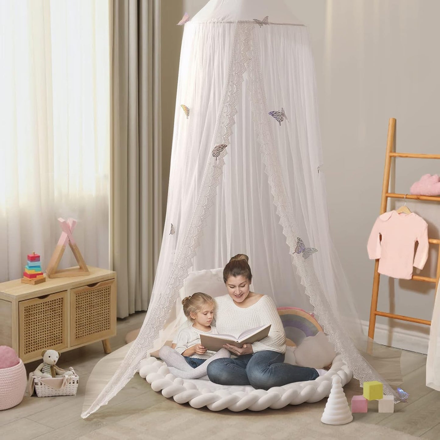 Kids Bed Canopy with Lace Hanging Canopy Net for Baby Crib Nook Castle Game Tent Nursery Play Room Decor (Butterfly)
