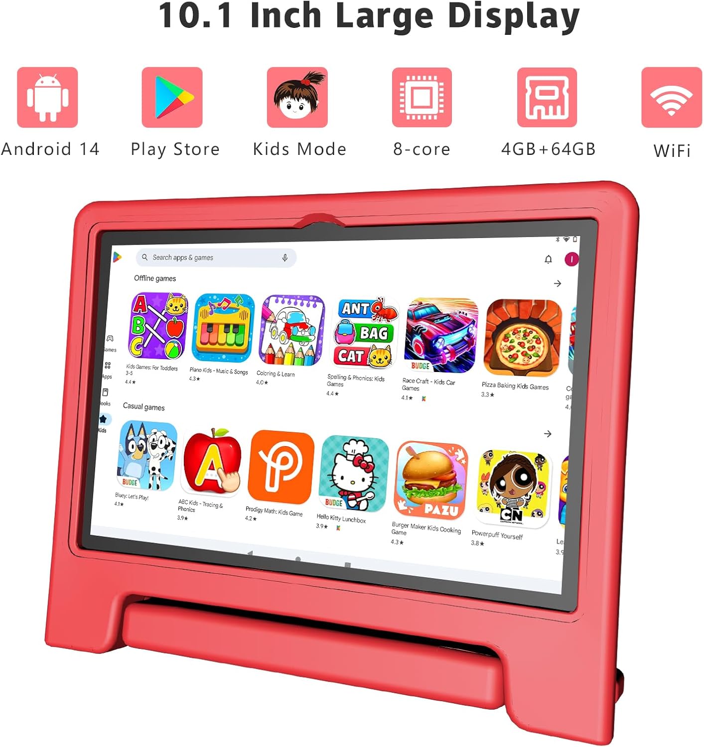 Kids Tablet, 10.1 Inch Tablet for Kids Android 14, 64GB Octa-Core, WiFi, Big Battery, Kids Space, Parental Control 1280 * 800 HD Display Children Tablets Red