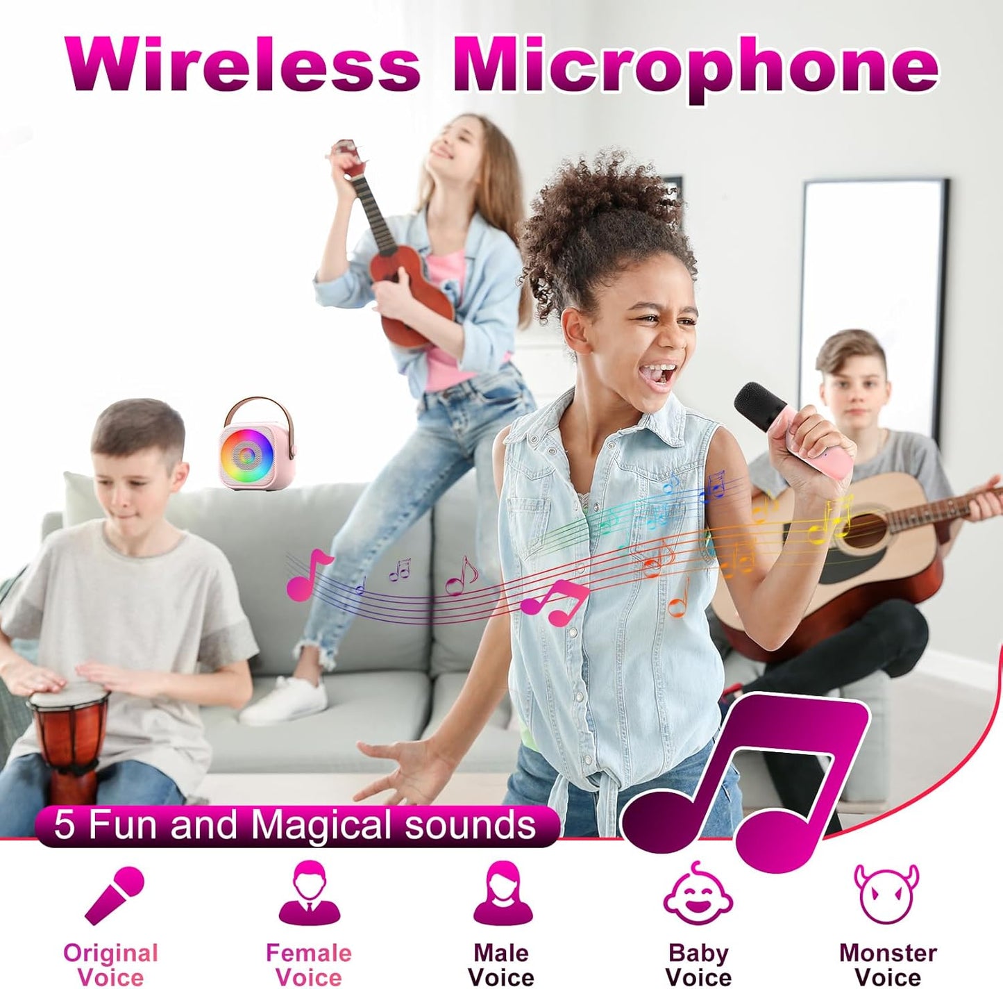 Mini Karaoke Machine, Portable Bluetooth Karaoke Speaker with 2 Wireless Microphone and Lights for Kids and Adults, Chritmas Birthday Gifts for Girls Boys 3-12+ Year Old (Pink)