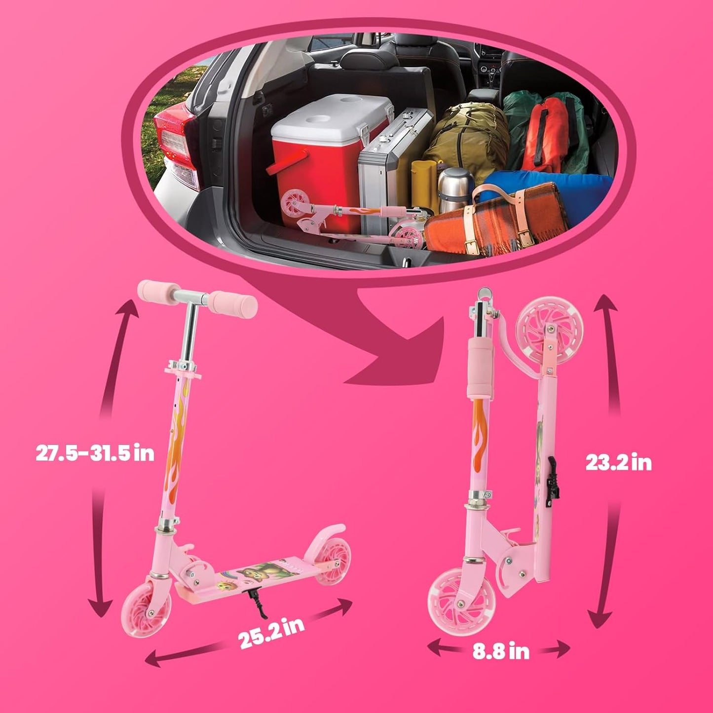 Scooter for Kids Ages 3+, Teens, Foldable Kick Scooter with Light up Wheels, Kickstand, 3 Adjustable Levels, Rear Brake, Lightweight Boys Girls Outdoor Toys for Kids 8-12, Pink