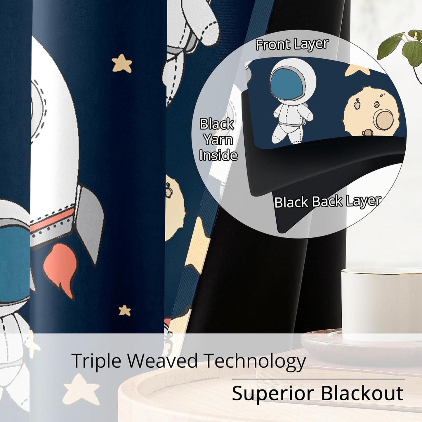 Kids Space Astronaut Planets Rockets Blackout Curtains - 100% Blackout, Thermal Insulated, Noise Reducing, for Kids Room and Nursery, 2 Panels (Astro Buddy Rockets, W52×L84)