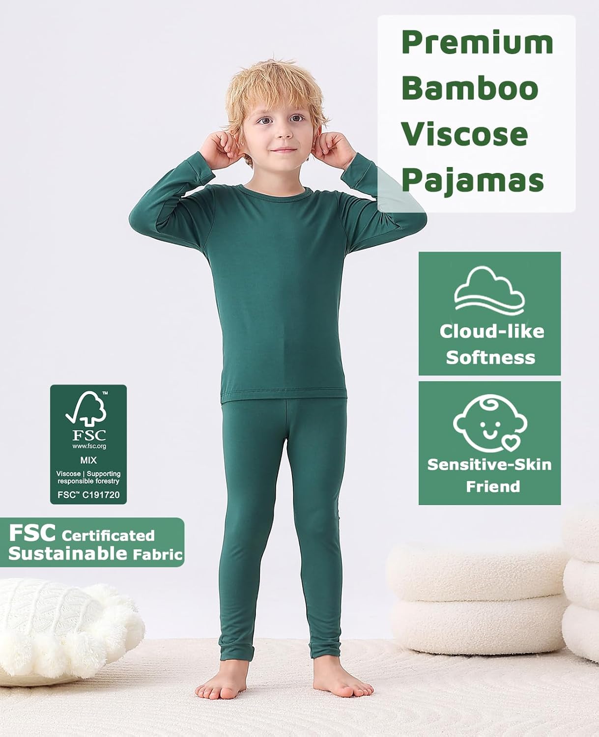 JunNeng Bamboo Viscose Pajamas for Toddler Baby, Boys Girls Solid Snug Fit Pajamas Long Sleeve Sleeper