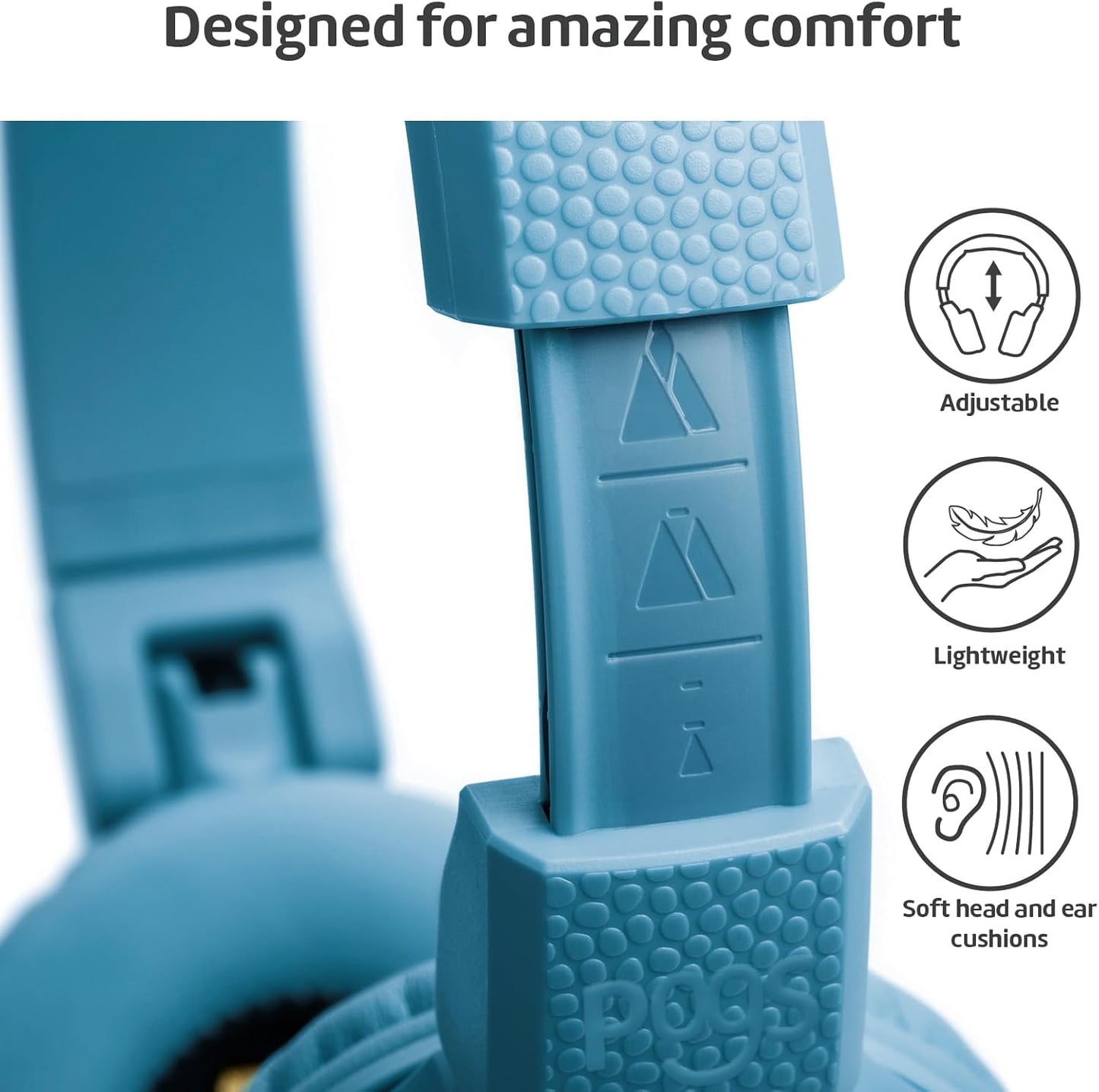 POGS Kids Bluetooth Wireless Headphones | The Gecko 2 | Foldable, Durable Headphones for Kids 3+ | Volume Limited 85 dB, Microphone | On-Ear | Wireless Music-Sharing Function (rBlue)