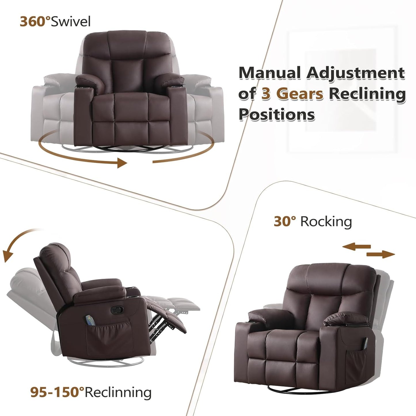 ANJ Swivel Rocker Recliner Chair Set of 3, Brown PU Leather, Manual 3-Position Reclining with Massage & Heat, Cup Holders for Living Room