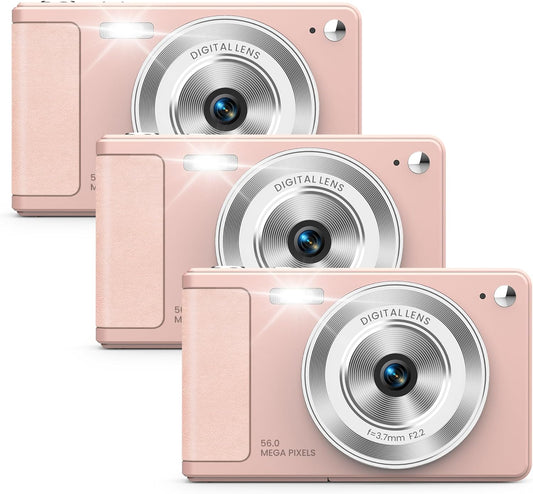 WONNIE Digital Camera 56MP, FHD 1080P Point & Shoot Camera with 32GB SD Card, 2 Batteries, and Lanyard, Ideal for Kids & Teens, Suitable Gift for Girls Pink, 3-Pack