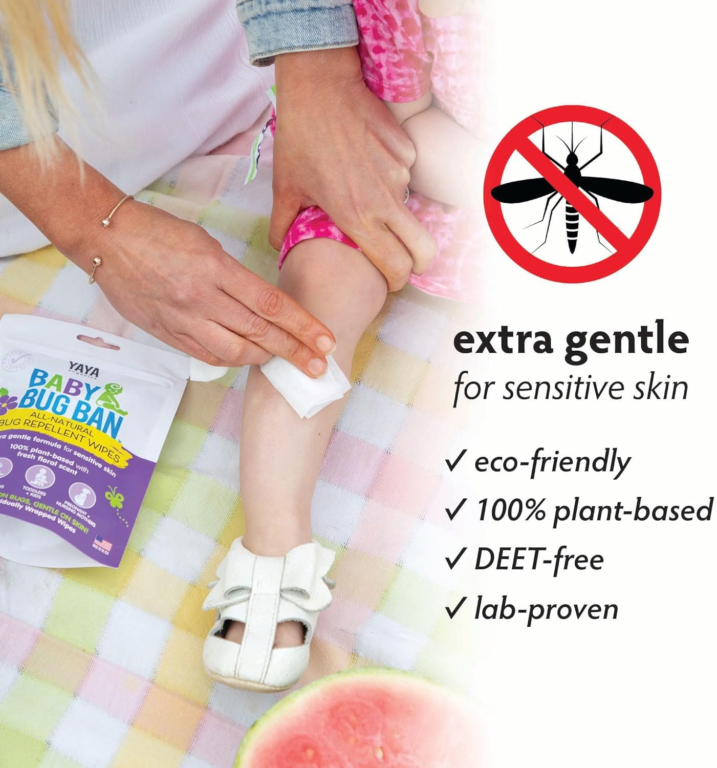 YAYA ORGANICS Baby Bug BAN Insect Repellent Wipes – All-Natural, DEET-Free, Non-Toxic, for Babies, Kids, Pregnant and Nursing Moms and Sensitive Skin (12 Count, Pack of 1)