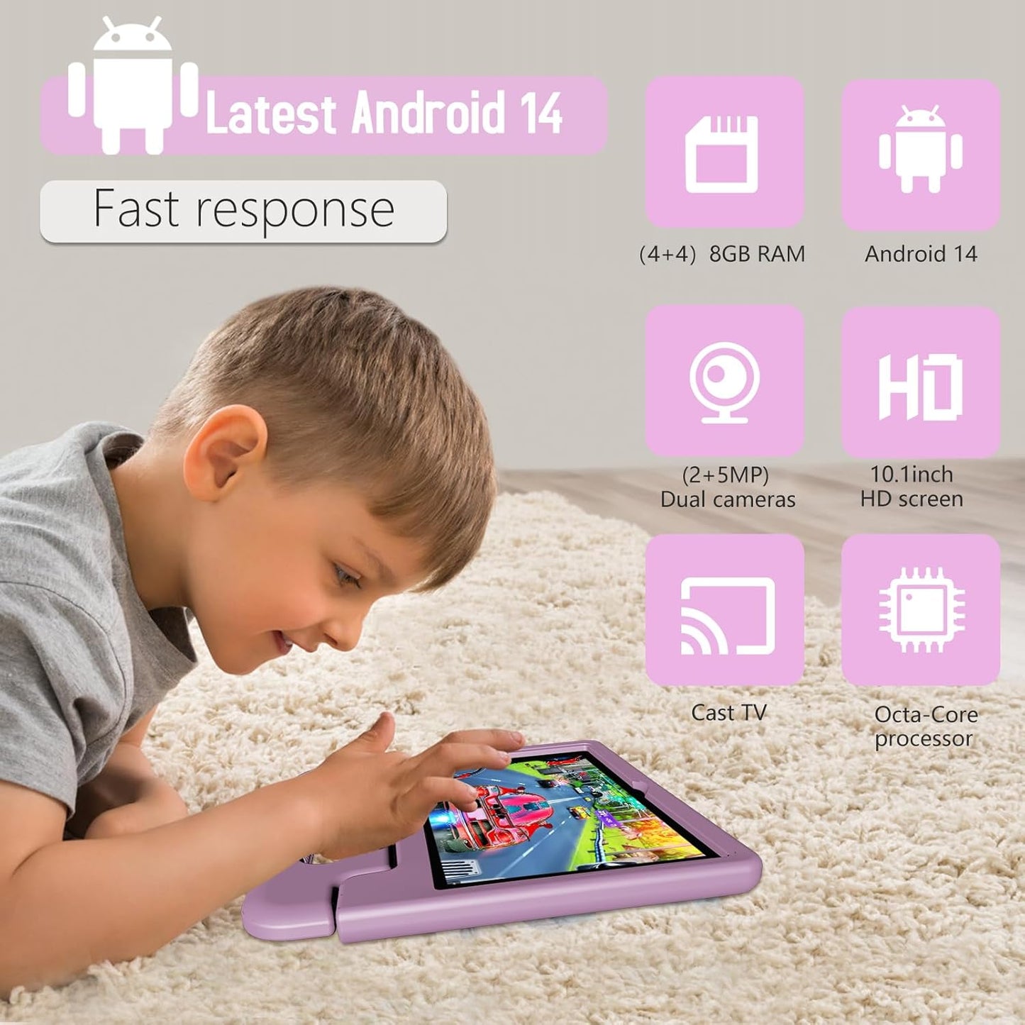 Tablet for Kids 10.1 inch Android 14, 8GB+64GB(TF 1TB) 6000mAh Kids Tablet WiFi6 Parental Control,Face Unlock, 1280 * 800 HD Screen