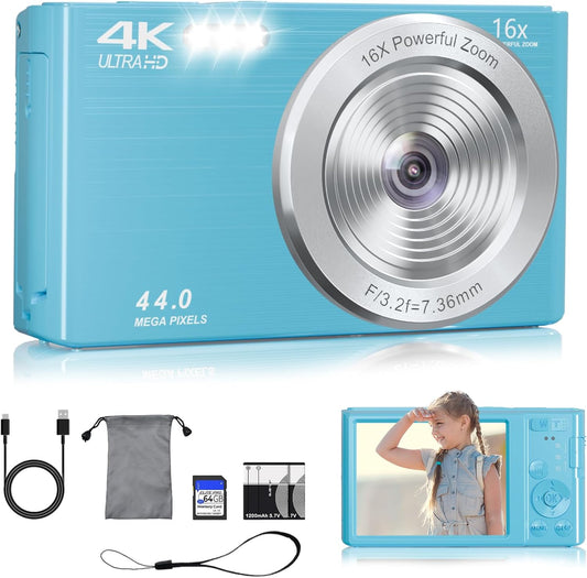 Digital Camera,4K Vlogging Camera for YouTube Autofocus 44MP FHD Camera,16X Digital Zoom Cheap Point and Shoot Digital Camera with 64GB Card for Kids Boys Girls Teens Adult Beginners,2 Batteries(Blue)