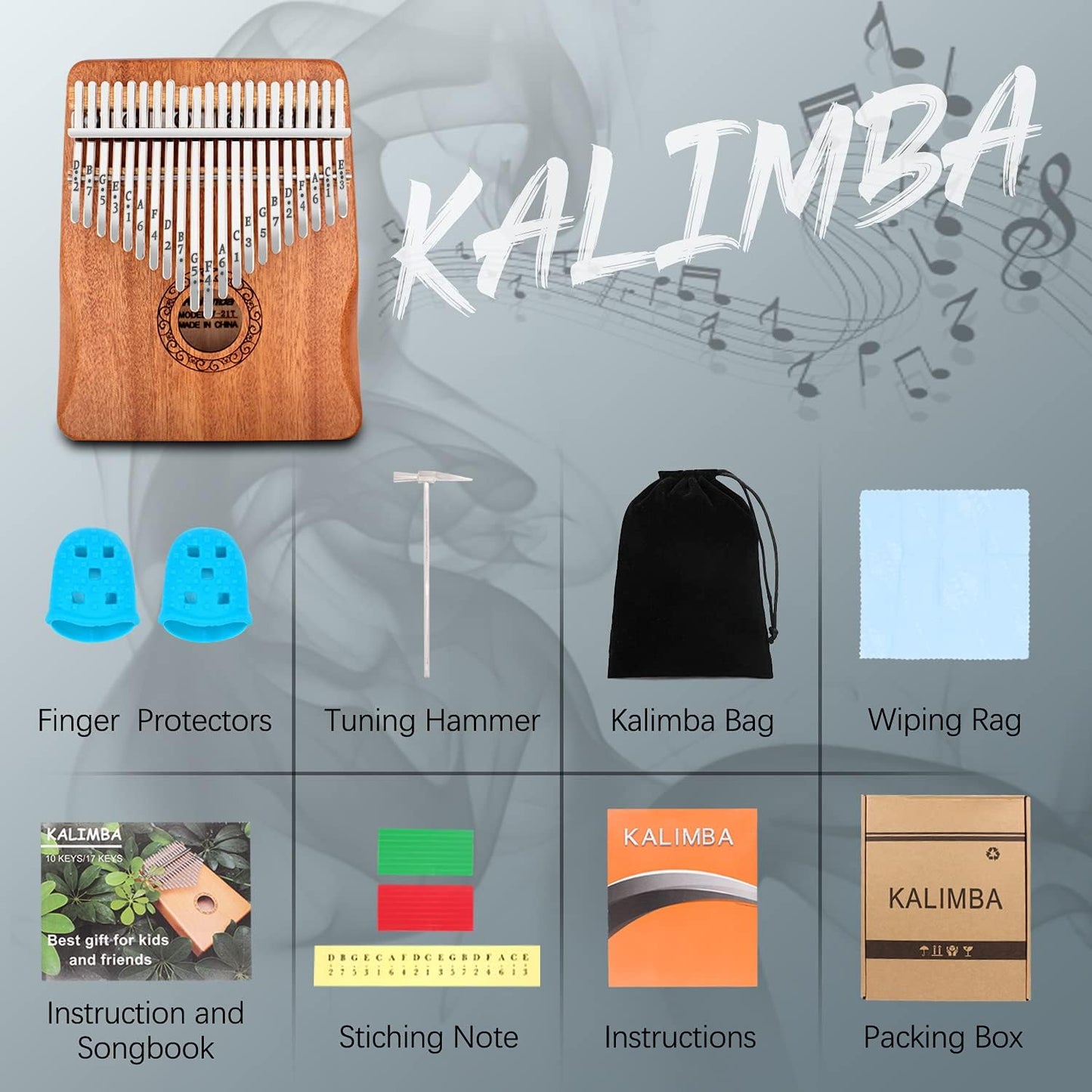 Kalimba Thumb Piano,YUNDIE Portable 21 Keys Mbira Finger Piano with Tune Hammer and Study Instruction,Musical Instruments Gift for Kid Adult Beginners Professional(Brown)