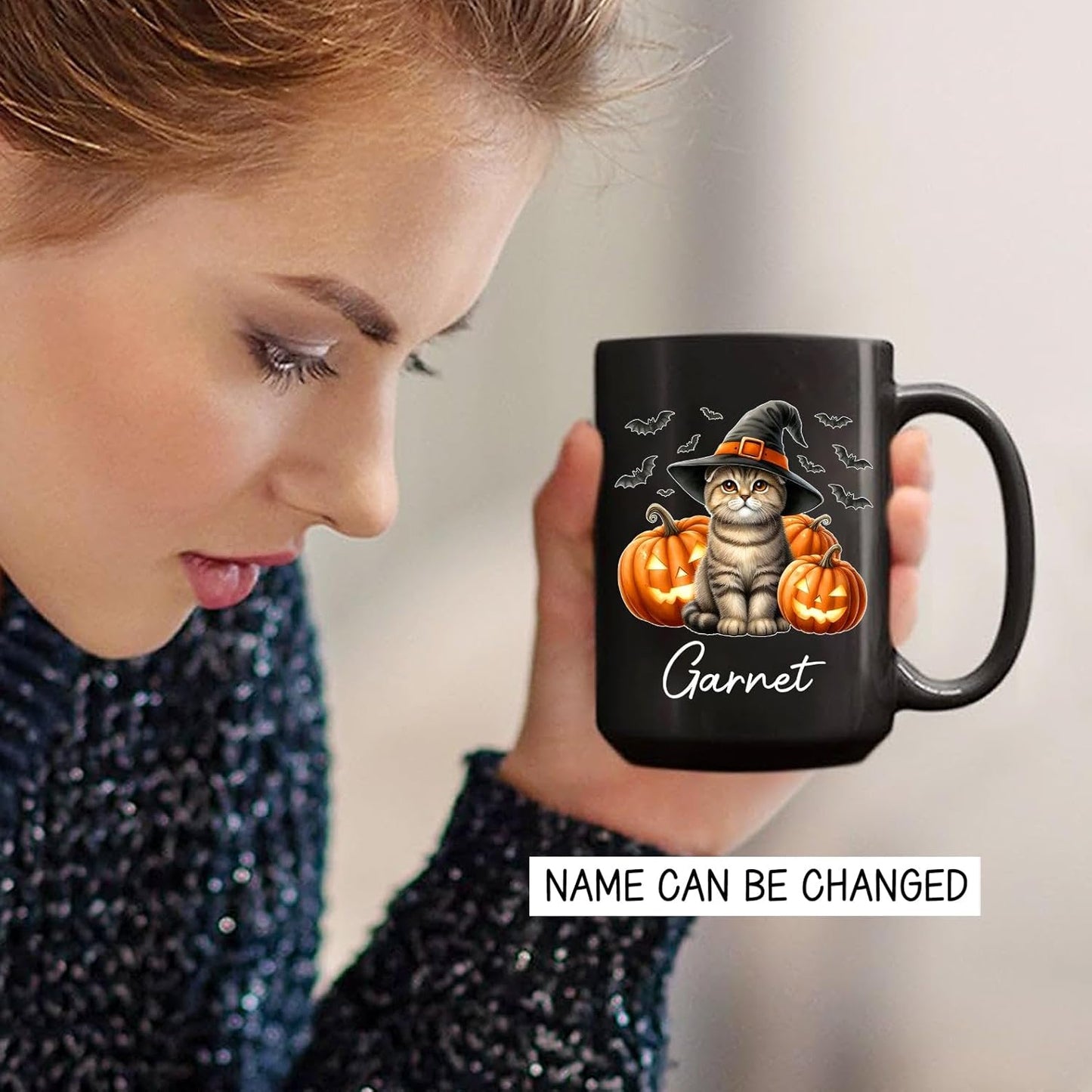 Personalized Name Scottish Fold Halloween Ceramic Mug, Custom Scottish Fold with Pumpkins Coffee Cup, Cat Wearing Witch Hat Cup Gift for Family Friend, Halloween Cat Pet Black Mug 11oz 15oz