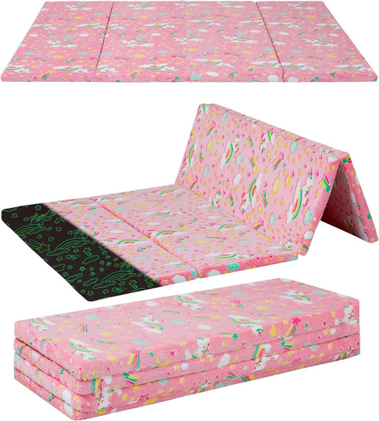 MeMoreCool Kids Floor Futon Mattress Large 6x4 FT, Thicken Foam Tatami Mattress for Children Play Area, Foldable Sleeping Pad Crawling Tatami Mat for Playroom, Pink Rainbow