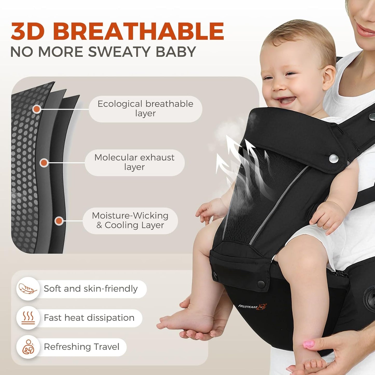 FRUITEAM Baby Carrier, Upgraded Adjustable Knob, 6-in-1 Baby Carrier Newborn to Toddler, Safety-Certified Baby Hip Seat Carrier, Perfect for Travelling Shopping Breastfeeding