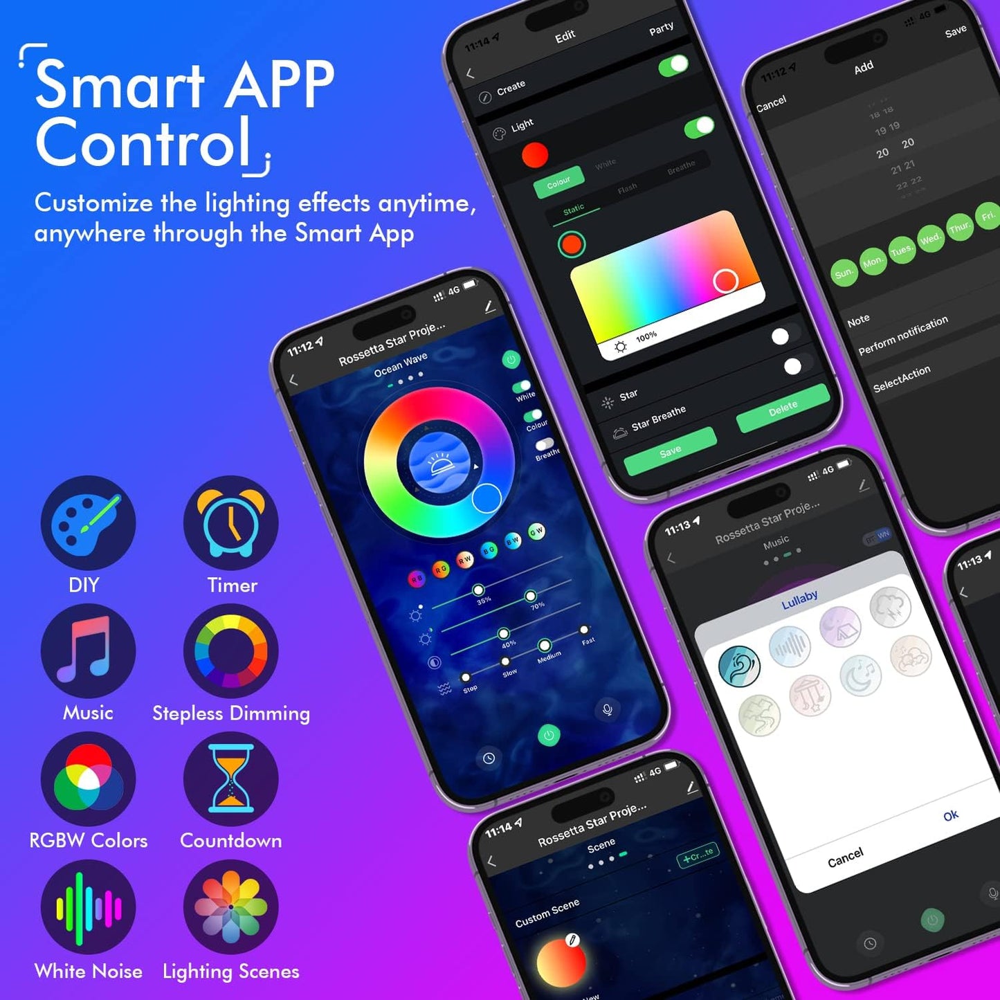 Rossetta Galaxy Projector for Bedroom, Smart App Star Light Projector with Bluetooth Speaker and White Noise, Night Light for Kids Adults Game Room, Home Party, Ceiling, Room Décor