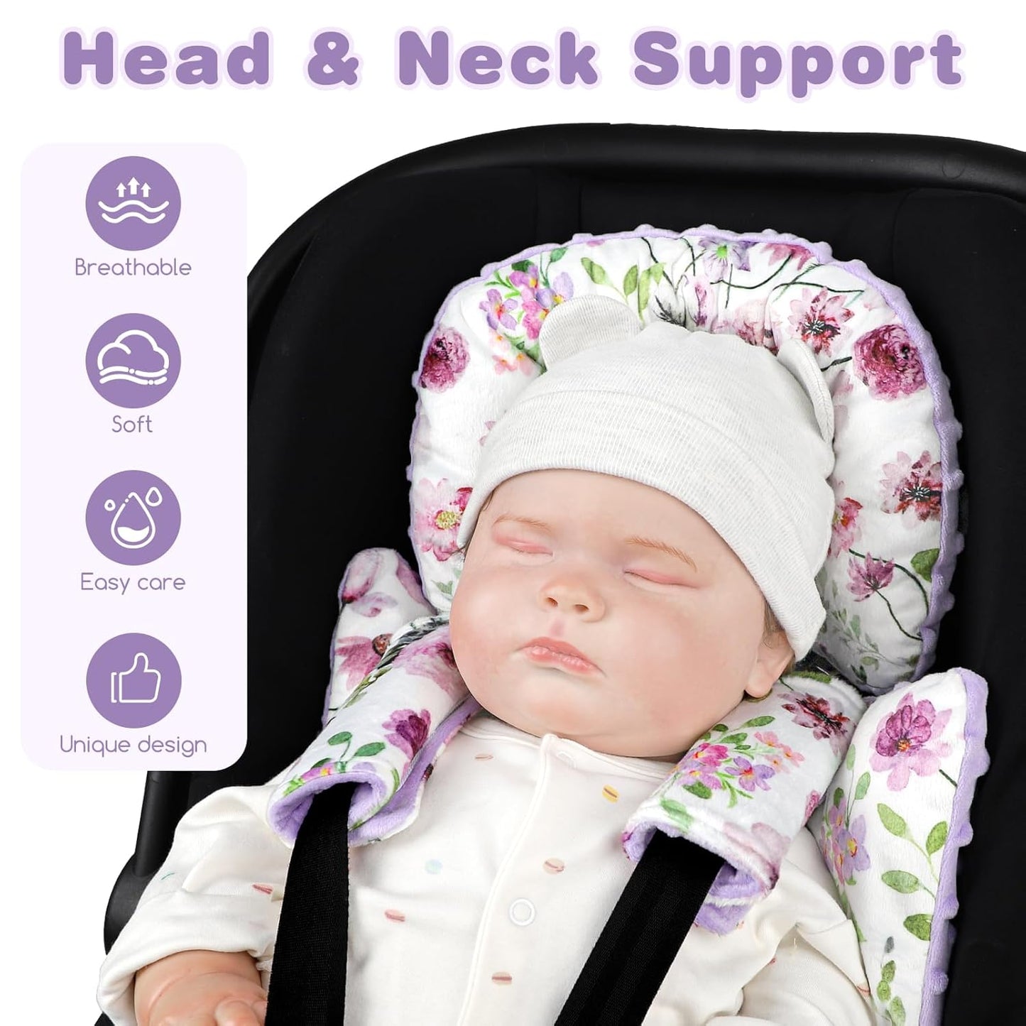 3-in-1 Infant Car Seat Insert, Soft Head and Body Support,Ultra & Strap Covers Set, Reversible Newborn Car Seat Cushion Pad for Baby Boy & Girl fits Stroller, Swing, Bouncer (Purple Flowers)