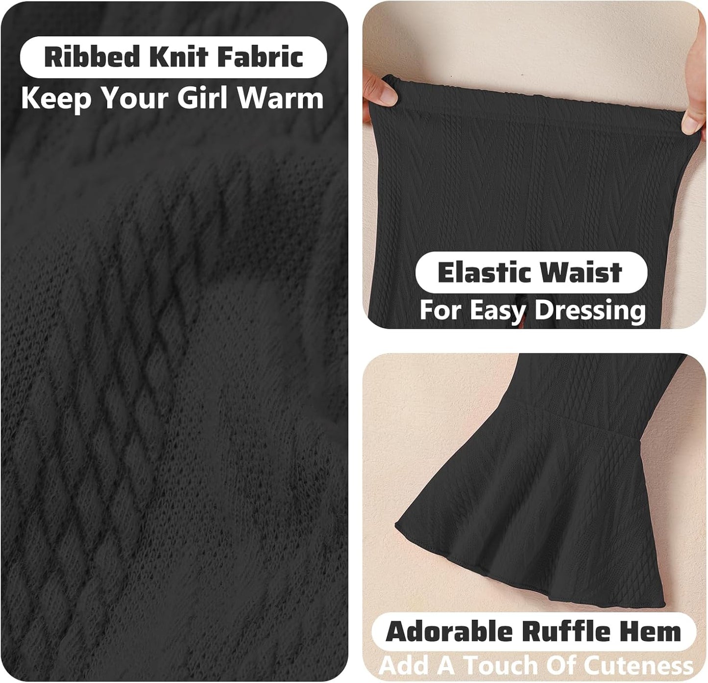 2 Pack Toddler Baby Girl Pants Flare Leggings Ribbed Knit Newborn Bell Bottoms Solid Ruffle Infant Pants for Girls