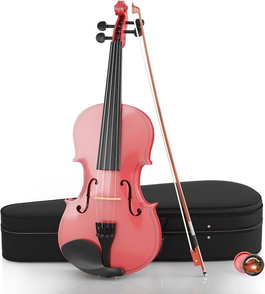 3/4 Violin Kit, Beginner Violin for Kids, Students, Complete Kids Violins Set with Case, Bow, Rosin, Ideal for Kids Violinss Beginner Ages 9-12, Rose Pink