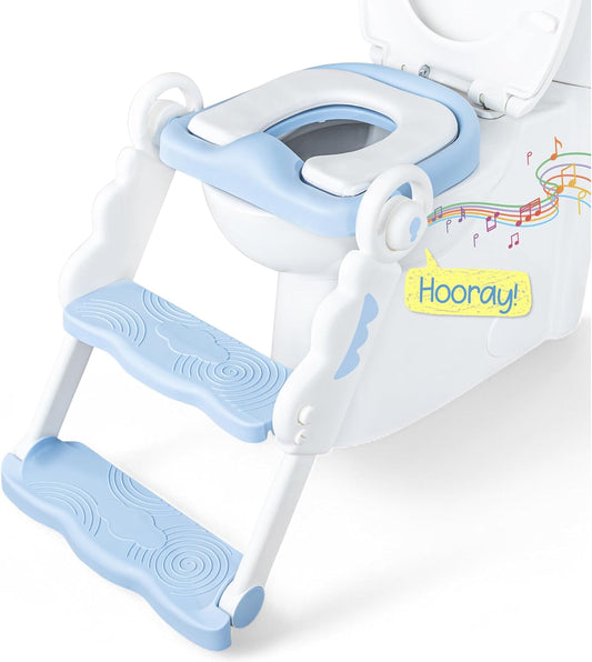 Musical & Sound Toddler Potty Training Seat w/Step Stool Ladder - Collapsible & Adjustable Toilet, Pre Assembled Toddler Toilet Seat w/Music & Sounds - Splash Guard & Anti-Slip Steps - Blue