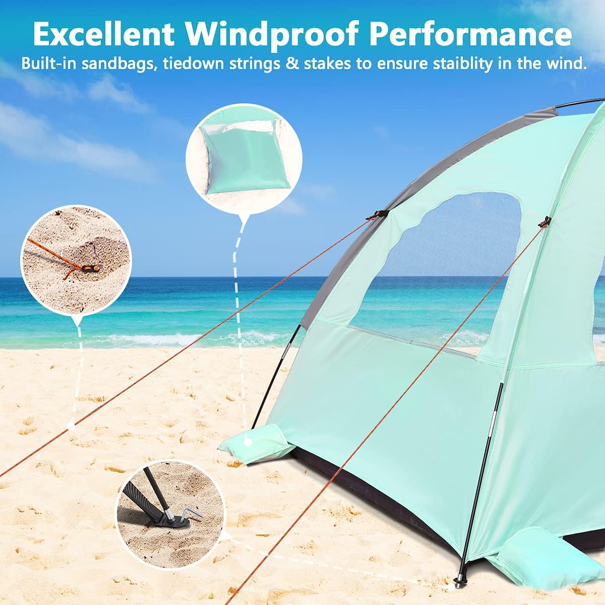 NXONE Beach Tent Sun Shade Shelter for 3/4/6 Person Person with UV Protection, Extended Floor, 3 Mesh Roll Up Windows & 8.0/8.5mm Fiberglass Rods丨Carry Bag Included