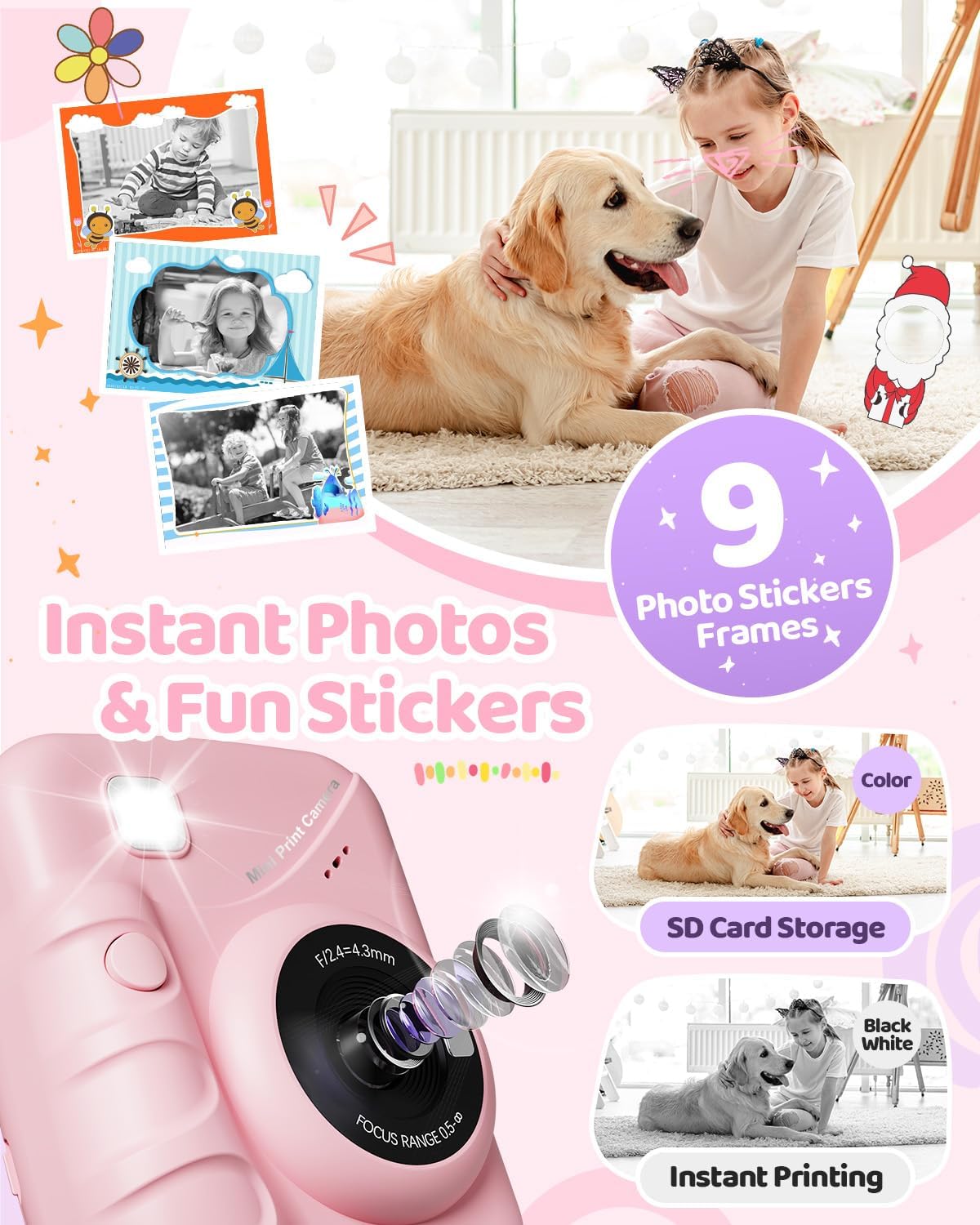 Kids Camera Instant Print for Girls Ages 3-14, 3-inch HD Screen Camera for Kids with Printing Paper, 1080P Digital Toddler Toys for 4 5 6 7 8 9 10 11 12 Years Old (Pink)