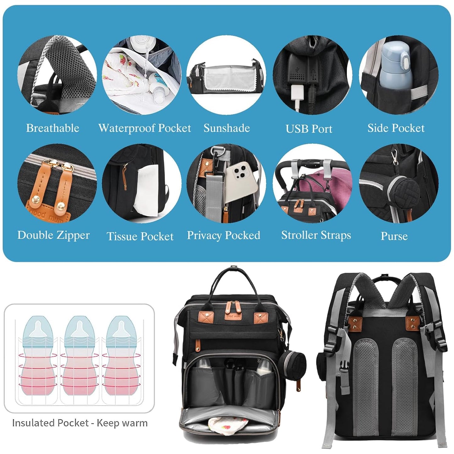 Jeryswet Baby Diaper Bags with Changing Station, Waterproof Large Capacity Diaper Bag Backpack for Moms Dads with USB Charging Port and Stroller Straps, Baby Shower Gifts, Black