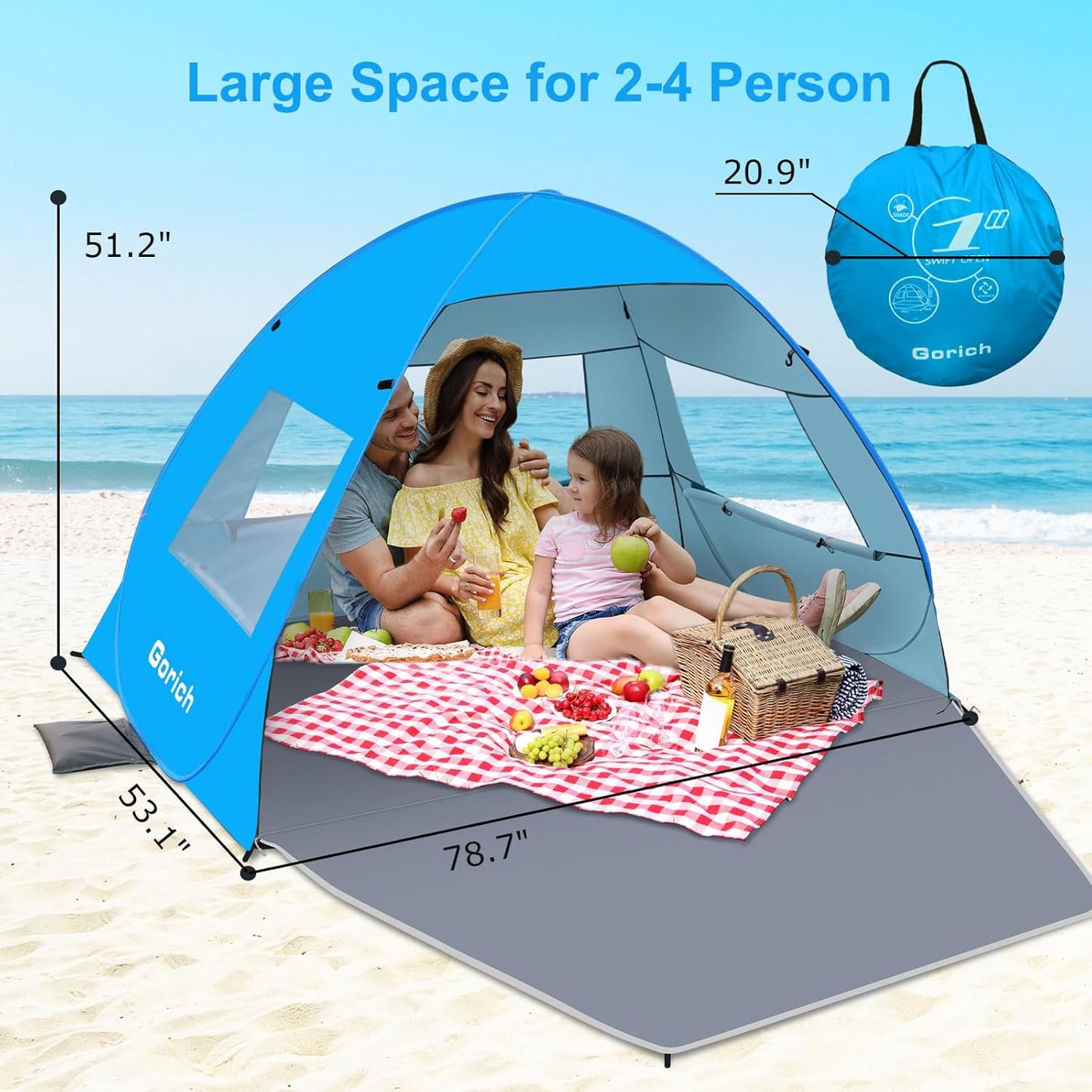 Gorich Easy Pop Up Beach Tent for 3-4 Person, UPF 50+ UV Protection Beach Umbrella Sun Shelter, Portable Lightweight Shade with Easy Foldable & Instant Setup