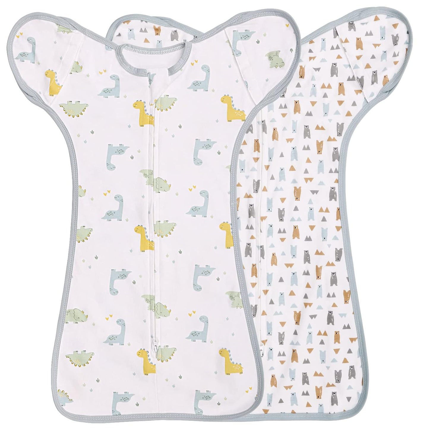 2 Pack Transition Swaddle with 2 Way Zipper, 2 in 1 Arms in/Out Transitional Arms Up Swaddle, 100% Cotton Newborn Swaddles Zipper Swaddles Baby Swaddling Sack Sleeping Sack 0-3 Months, Dinosaur & Bear