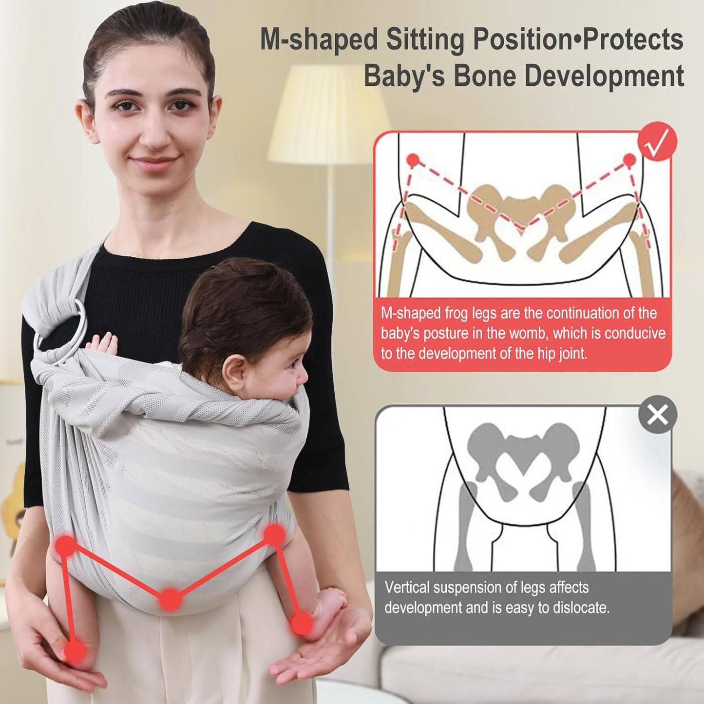 CUBY Water Baby Sling Carrier Lightweight Breathable Mesh Baby Wraps Carrier Adjustable Ring Sling Quick-Drying Baby Carriers Sling for Newborn Toddler Summer Swimming Pool Beach (Light Gray Stripe)
