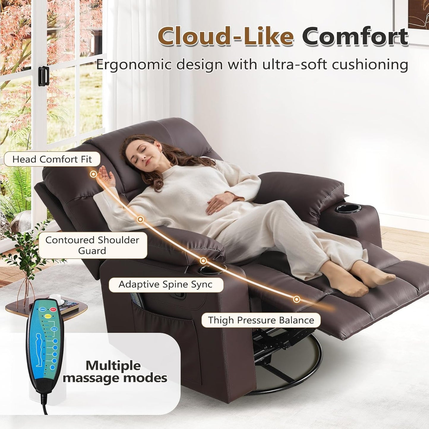 ANJ Swivel Rocker Recliner Chair Set of 2, Brown PU Leather, Manual 3-Position Reclining with Massage & Heat, Cup Holders for Living Room