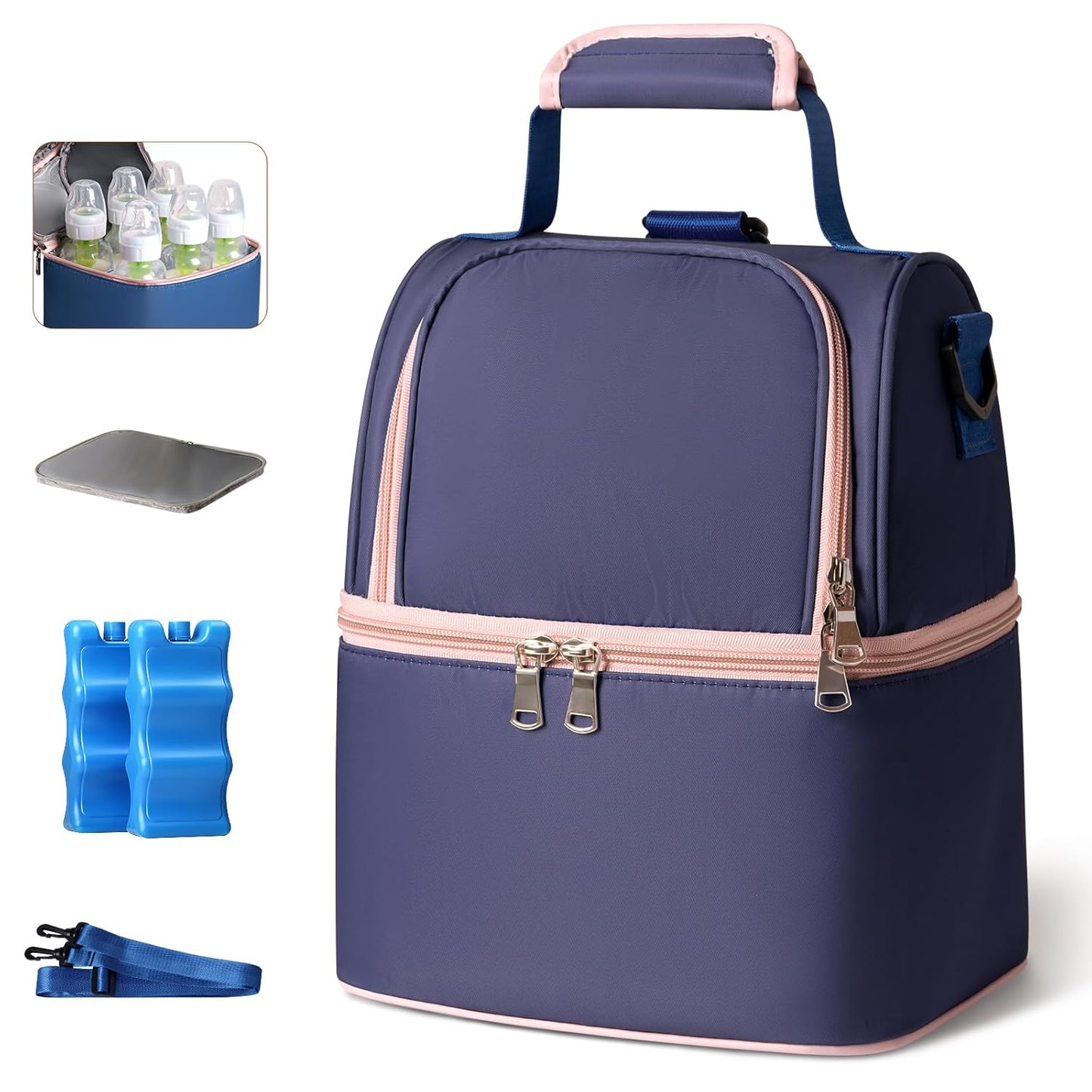 NCVI Breastmilk Cooler Bag with 2 Ice Pack, Breast Pump Bag with Cooler Fits 6 Bottles, Double Layer Breast Milk Baby Bottle Cooler Bag, for Travel, Nursing Mom Daycare, Work, Picnic (Purple)
