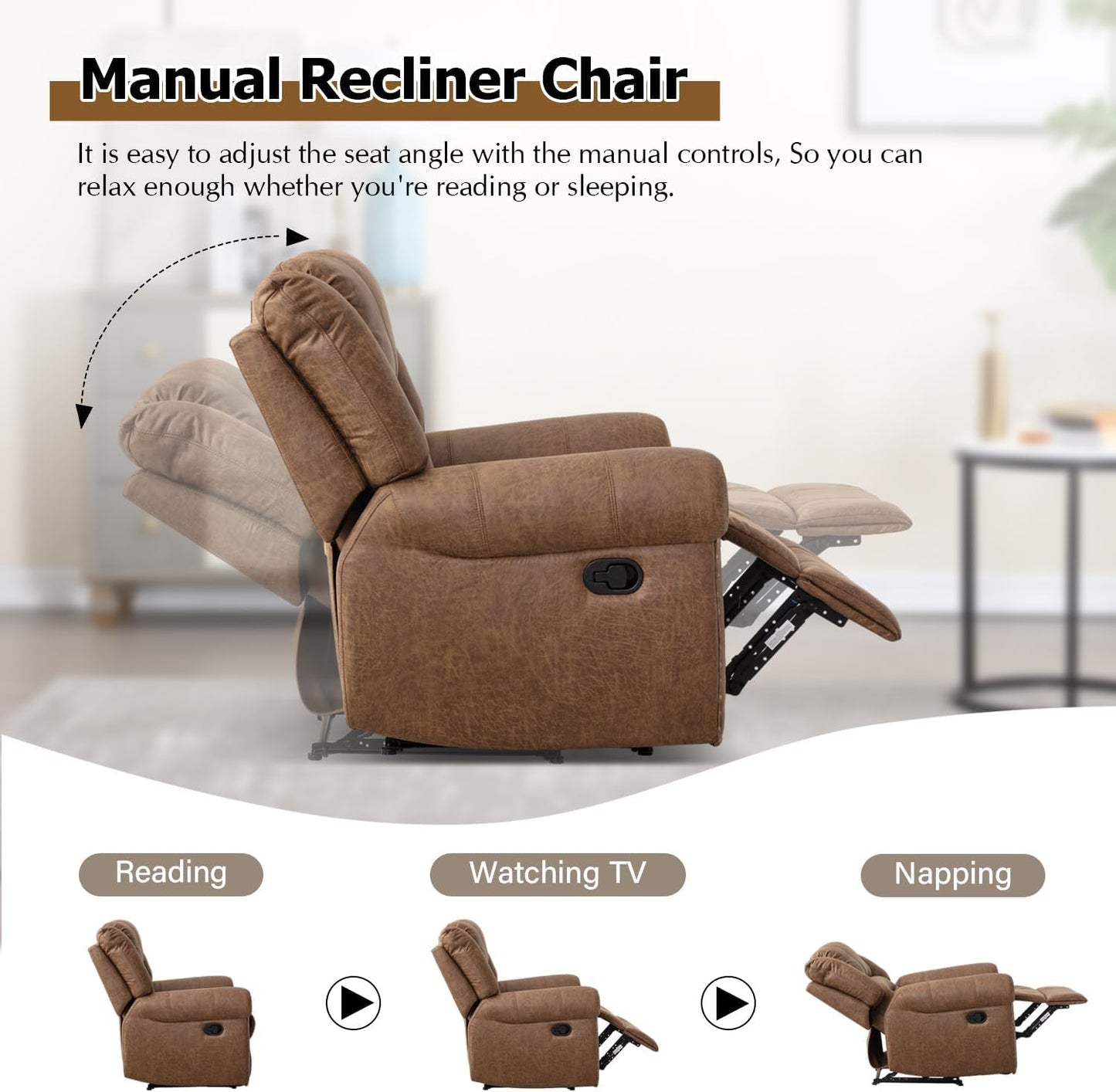 CANMOV Leather Recliner Chair Set of 2, Classic and Traditional Manual Recliner Chair with Comfortable Arms and Back,Manual Single Recliner Sofa for Living Room, Camel