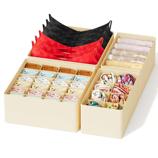 SpaceAid Underwear Drawer Organizer, 4 Pack Dresser Organizer Bins for Nursery, Closet Organization and Storage with Dividers for Baby Clothes Socks Bra Ties Scarf (Beige)