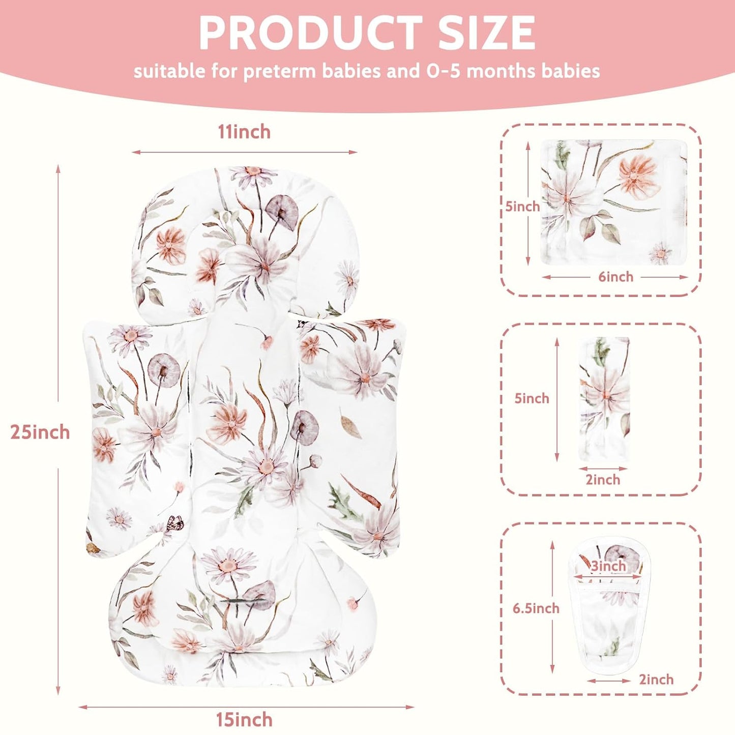 Infant Car Seat Insert and Strap Covers, Very Soft Car Seat Head Support Baby Girl Boy, Reversible Newborn Carseat Insert Cushion Fits for Stroller, Baby Swing, Bouncer (White Flower)