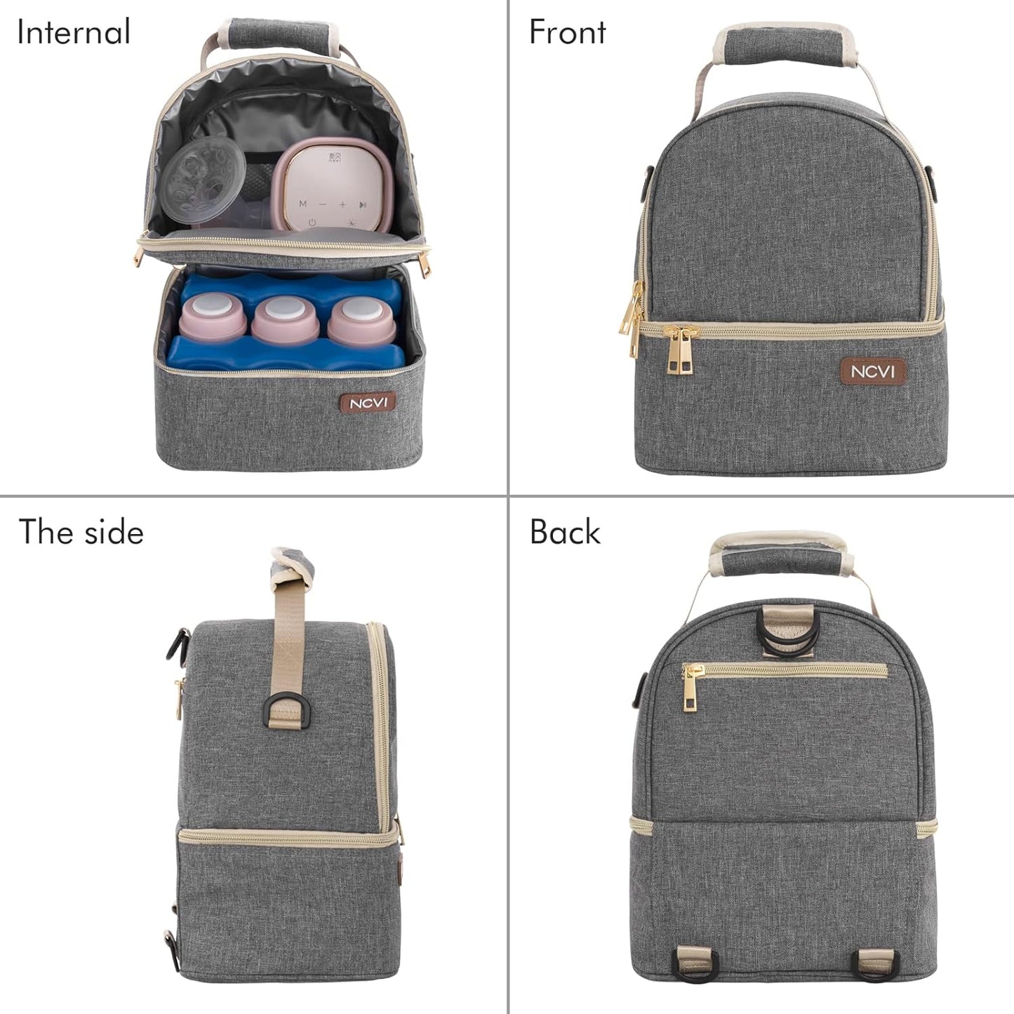 NCVI Breastmilk Cooler Bag with 2 Ice Pack, Breast Pump Bag with Cooler Fits 6 Bottles, Double Layer Breast Milk Baby Bottle Cooler Bag, for Travel, Nursing Mom Daycare, Work, Picnic (Grey)