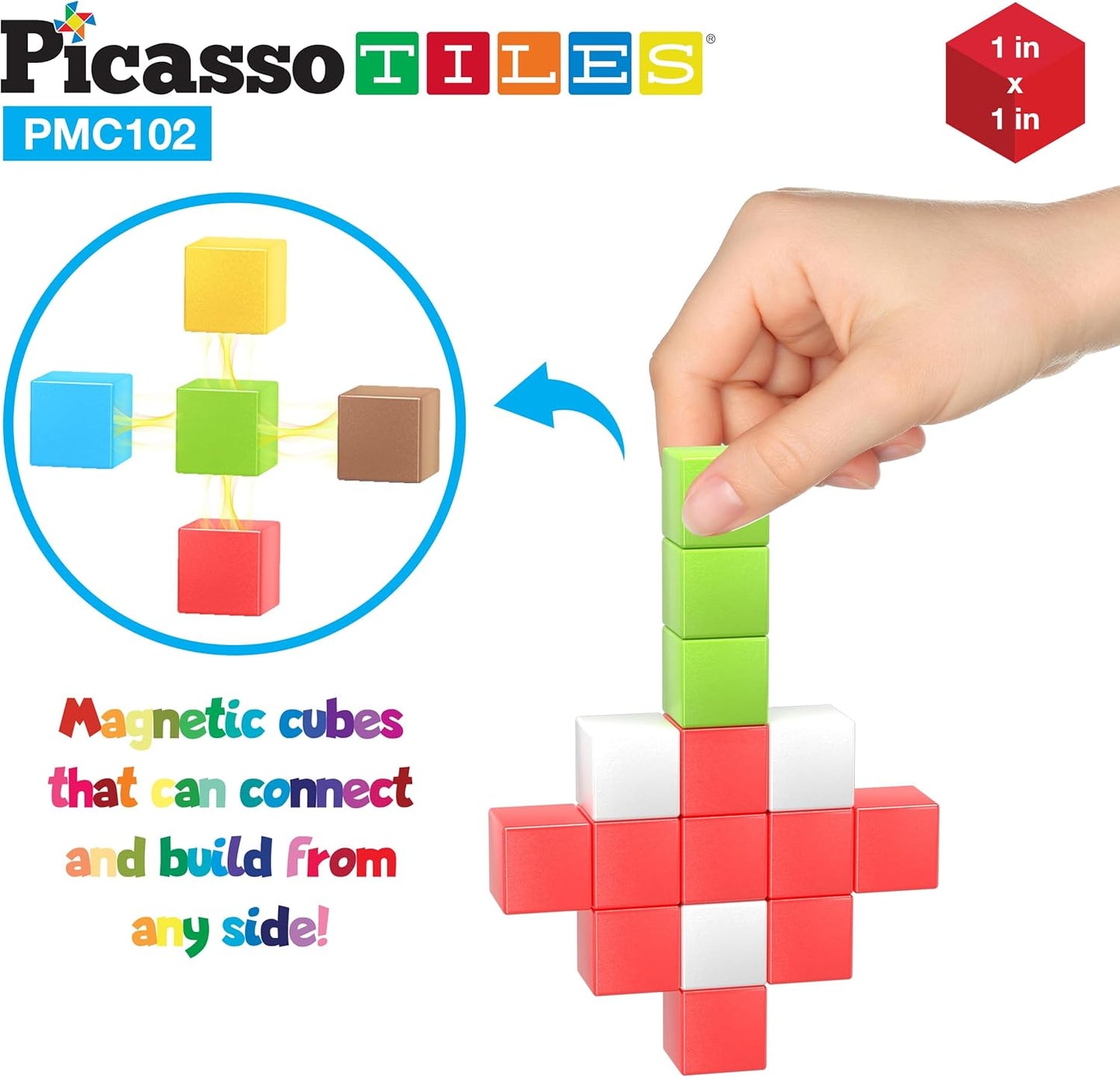 PicassoTiles 102pcs Pixel Magnetic Puzzle Cube 1” Pixel Mix & Match Toys with Ideabook STEM Education Learning Building Block Magnets Construction ToySet Stacking Creative Kit for Kids Age 3+ PMC102