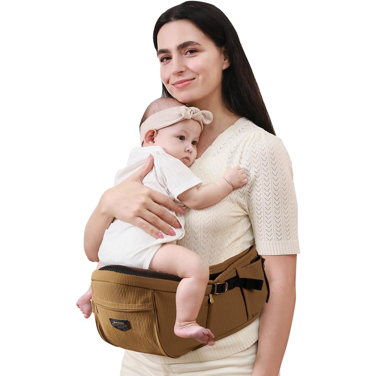 SUNVENO Baby Hip Carrier with Hip Seat, CPC-Certified, Ergonomic Infant Carrier for Newborns & Toddlers up to 45 lbs, Adjustable Waistband, Multiple Pockets, All-Season, Brown