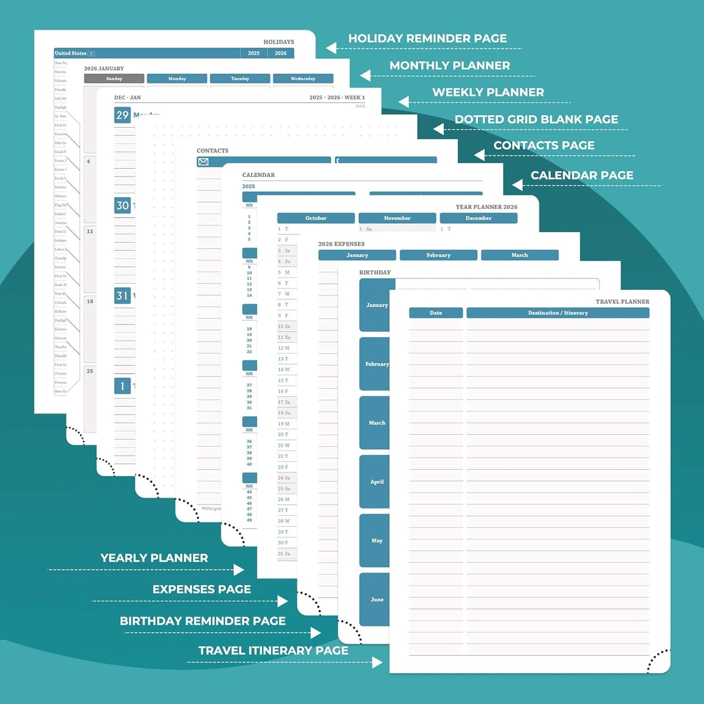 IN-LUXPRO Planner 2026 Daily Weekly and Monthly,11.5"x8.5",12 Months Spiral Bound Calendar Agenda with Self-adhesive Pen Holder,2026 Appointment Book with Vegan Leather Soft Cover,Light Blue