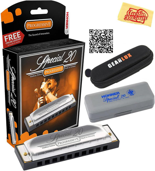 Hohner Special 20 Harmonica - Key of F Bundle with Case, Pouch, Online Manual, and Austin Bazaar Polishing Cloth