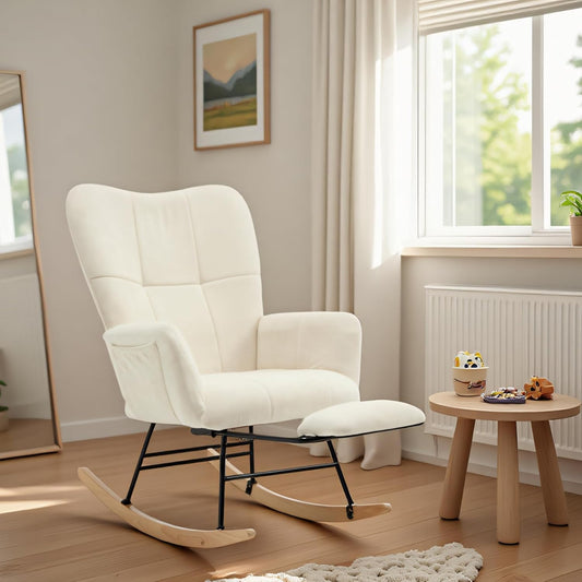 KEEZY Rocking Chair Nursery,Upholstered Glider Chair Padded Seat with High Backrest,Reading Chair,Armchair Comfy Side Chair for Living Room Bedroom Offices (Beige)