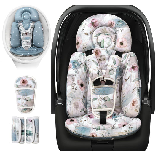 Upgraded Infant Car Seat Insert, 2-in-1 Reversible Baby Car Seat Head Support with 3 Strap Covers, All Seasons Newborn Car Seat Insert and Baby Carseat Cushion for Stroller, Swing, Rocker, Bassinets