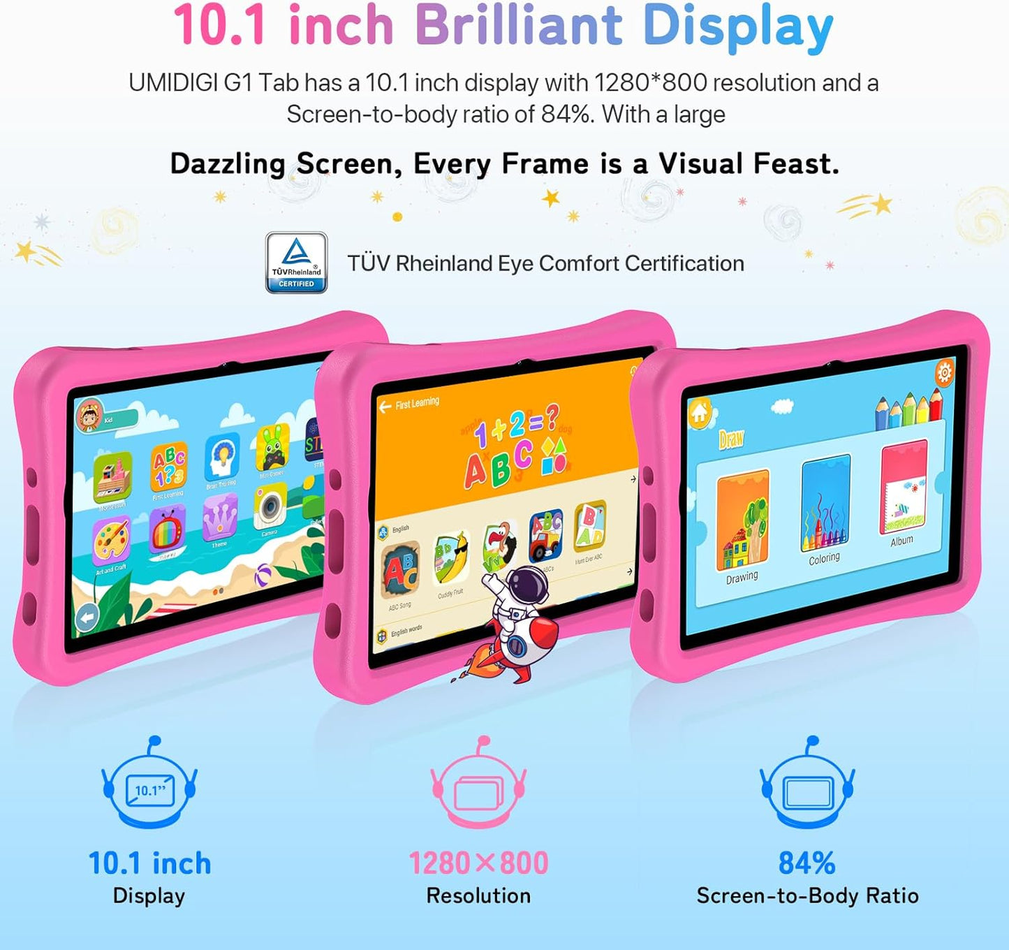 UMIDIGI Kids Tablet, G1 Tab Android PC, 10.1" Tablet for Kids, 4+4G+64G up to 1TB, WiFi 6, 8MP+8MP Dual Camera, Quad-Core, 6000mAh, BT5.0, TÜV Eye Bluelight, Parental Control