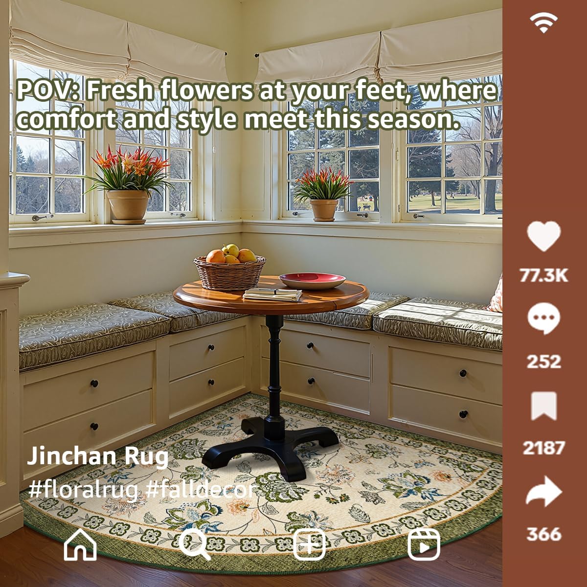 jinchan Floral Corner Rug for Living Room Washable Bedroom Rug Vintage Romance Design Non Slip Quarter Circle Lightweight Low-Pile Throw Carpet for Reading Nook Playroom,6ft Radius, Green/Beige