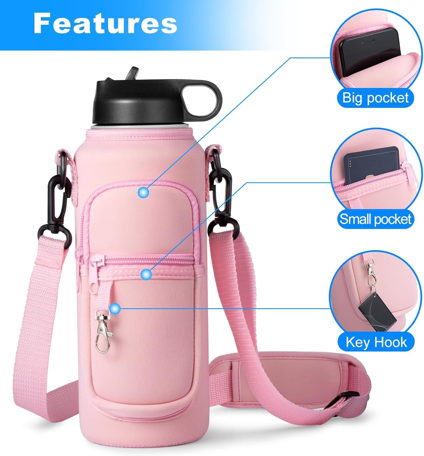 Water Bottle Holder with Strap for Hydroflask 32oz 40oz Insulated Water Bottle, Carrier Sling Bag with Phone Pocket Sleeve for Men Women Hiking Camping Travelling