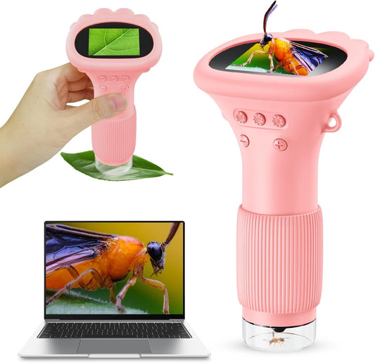 Kids Magnifying Glass, 2.0 Inch Digital Screen Mini Pocket Microscope for Bug - 200x Zoom Handheld Microscope with Adjustable Lights, Edu Birthday Gifts for Age 3-12 Girls
