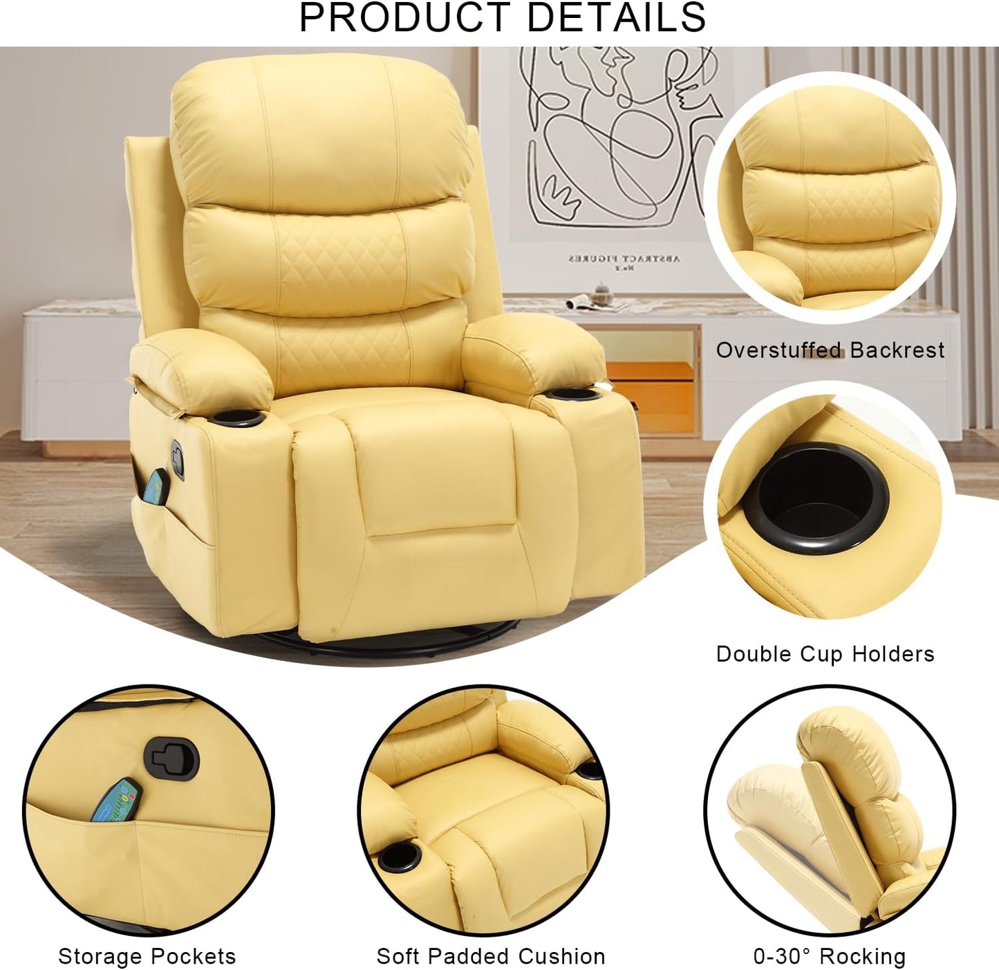 KCQ Massage Swivel Rocker Recliner Chairs with Heat Cup Holders Faux Leather Overstuffed Manual Reclining Chair Rocking Glider Chair for Adults, Yellow