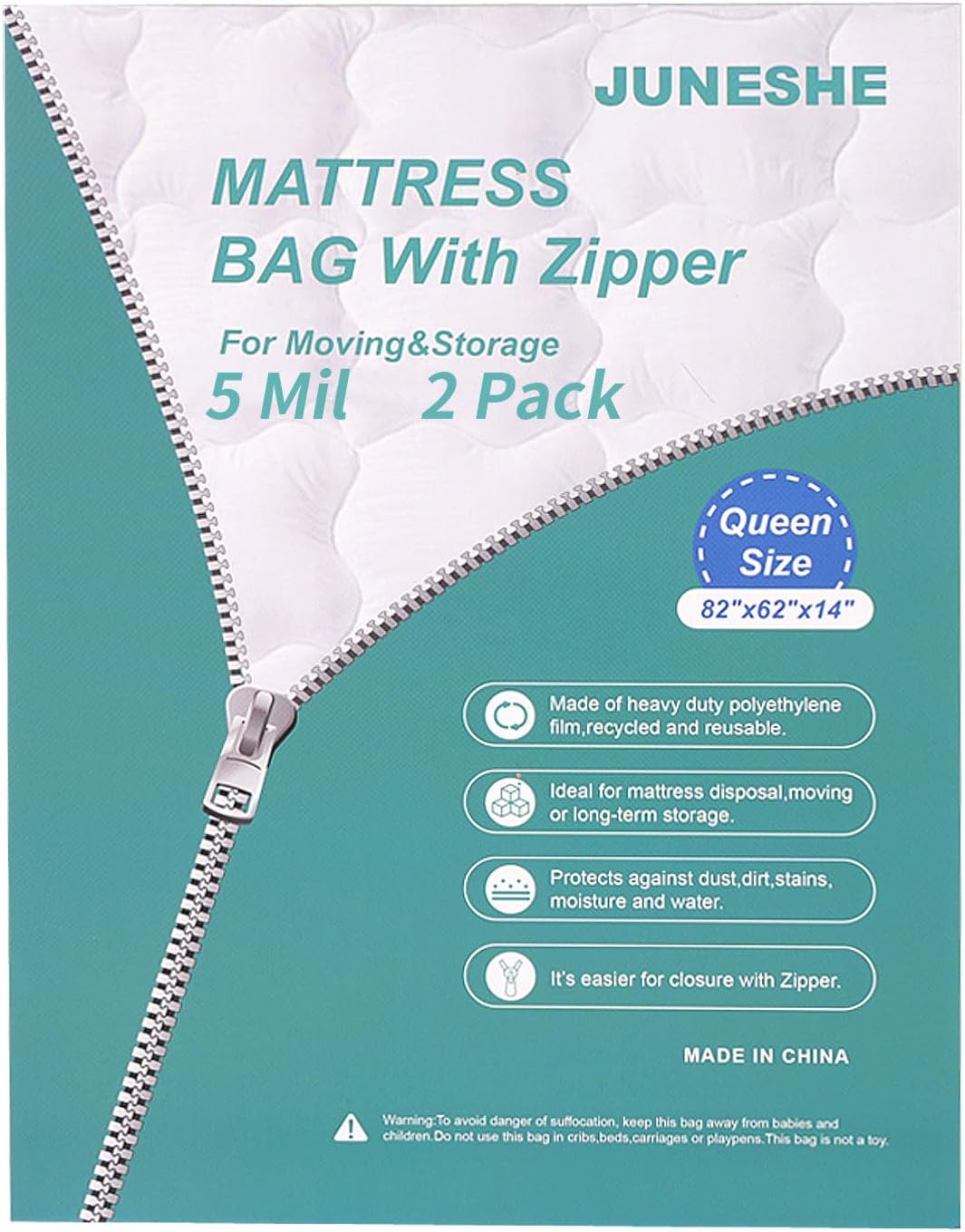 2 Pack Queen Mattress Bags for Moving and Storage-5 Mil Zipper Plastic Waterproof Mattress Storage Bags