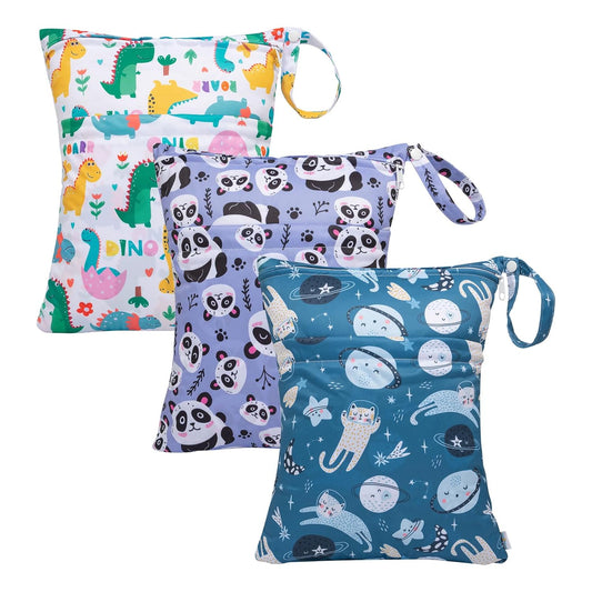 babygoal Wet Dry Bags for Baby Cloth Diapers, Washable Travel Bags,Beach,Pool,Gym Bag for Swimsuits &Wet Clothes with Two Zippered Pockets 3 Pack, 3LN04